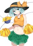  1girl blue_eyes blue_hair cheerleader emushake eyeball green_skirt hat highres komeiji_koishi midriff navel pom_poms simple_background skirt smile solo third_eye touhou white_background 