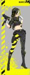  1girl absurdres black_hood boots gloves highres kamezaemon midriff simple_background solo weapon 