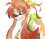  1girl ;d ahoge cosplay hair_ribbon inkling kagerou_(kantai_collection) kagerou_(kantai_collection)_(cosplay) kantai_collection long_hair mask one_eye_closed open_mouth orange_hair paint paint_on_clothes paint_on_face paint_splatter payot pointy_ears ribbon school_uniform short_sleeves short_twintails simple_background smile solo splatoon tentacle_hair tsukamoto_minori twintails upper_body white_background yellow_ribbon 