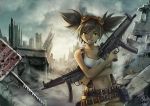  1girl 2015 borrowed_character breasts brown_hair city cleavage clouds cloudy_sky cowboy_shot crossed_arms dual_wielding goggles goggles_on_head green_eyes grin gun h&amp;k_mp5 heckler_&amp;_koch maxa&#039; midriff navel original outdoors ruins signature sky smile solo submachine_gun suspenders twintails weapon 