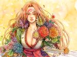  1girl baiken breasts cleavage collarbone facial_mark flower guilty_gear hitsuki_(hiidukii) japanese_clothes leaf lips long_hair one-eyed one_eye_closed petals pink_hair pink_rose red_eyes rose scar scar_across_eye solo upper_body 