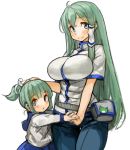  2girls ahoge blue_eyes blue_pants blush breasts fanny_pack frog green_hair hair_ornament hair_tubes hand_on_another&#039;s_head holding_hands kochiya_sanae large_breasts long_hair mother_and_daughter multiple_girls pants sachito short_ponytail simple_background smile snake_hair_ornament thigh_gap touhou white_background 