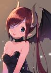  1girl bandage_over_one_eye bandages bare_shoulders black_rose blush breasts cleavage collar demon_girl demon_wings fang flower green_eyes horns long_hair looking_at_viewer midorikawa_you open_mouth original pointy_ears redhead rose smile solo upper_body wings 