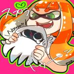  &gt;:d 1girl :d blooper crossover english fangs green_eyes heart holding inkling long_hair mask napm nintendo open_mouth orange_hair pointy_ears smile solo splatoon squid super_mario_bros. tentacle_hair upper_body 