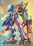  agumon_-yuki_no_kizuna- arm_blade arm_cannon armor commentary_request digimon digimon_(creature) fire fusion gabumon_-yujo_no_kizuna green_eyes highres horns mecha no_humans omegamon robot sawa_d shoulder_armor spikes weapon wrist_blades 