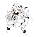  1girl ahoge anklet atoshi bare_legs barefoot dress full_body horns jewelry kantai_collection long_hair mittens northern_ocean_hime open_mouth shinkaisei-kan simple_background solo white_background white_dress white_hair white_skin yellow_eyes 