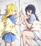  2girls ayase_eli bare_legs bed bed_sheet blonde_hair blue_eyes blue_hair closed_eyes cross cross_necklace futonchan hand_on_another&#039;s_chin long_hair looking_at_another love_live!_school_idol_project lying multiple_girls on_side pillow sonoda_umi yuri 
