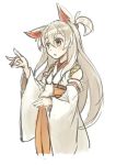  1girl animal_ears bare_shoulders fox_ears fox_shadow_puppet hair_between_eyes hair_bobbles hair_ornament hakama ichi_hachi_rei_rei japanese_clothes open_mouth original short_ponytail simple_background sketch solo white_background white_hair yellow_eyes 