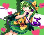  1girl blush bow green_eyes green_hair hat hat_bow heart komeiji_koishi miwatari_renge open_mouth phone sash solo touhou wide_sleeves 