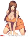  1girl all_fours bare_shoulders barefoot blush breasts brown_eyes brown_hair character_request cleavage dress kneeling large_breasts light_smile long_hair ooseru orange_dress solo v_arms 