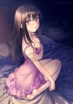  1girl barefoot bed bed_sheet bliss_(artist) blush breasts brown_hair chemise cleavage dark feet from_behind holding_arm light_particles long_hair looking_at_viewer looking_back on_bed original parted_lips pillow sitting soles solo toes violet_eyes wariza 