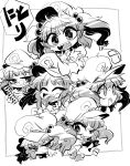  6+girls abacus bespectacled glasses hair_bobbles hair_ornament hat kawashiro_nitori monochrome multiple_girls multiple_persona open_mouth short_hair sketch smile tongue tongue_out touhou twintails yt_(wai-tei) 