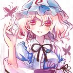  1girl black_ribbon blue_hat butterfly gradient_eyes hair_between_eyes lilith_(lilithchan) mob_cap multicolored_eyes parted_lips pink_hair red_eyes ribbon saigyouji_yuyuko short_hair smile solo touhou triangular_headpiece upper_body 