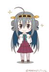  &gt;:) 1girl ahoge alternate_hairstyle black_eyes bowtie chibi double_bun grey_hair headgear highres kantai_collection kiyoshimo_(kantai_collection) kongou_(kantai_collection) kongou_(kantai_collection)_(cosplay) long_hair mae_(maesanpicture) solo sparkle twitter_username 