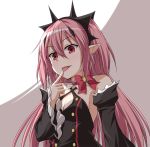  1girl breasts cleavage detached_sleeves fang krul_tepes long_hair negativezone649_(kyuutouryuu) open_mouth owari_no_seraph pink_hair pointy_ears red_eyes solo 