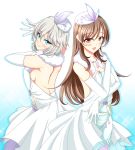  2girls anastasia_(idolmaster) blue_eyes breasts brown_eyes brown_hair dress elbow_gloves gloves hat idolmaster idolmaster_cinderella_girls jewelry long_hair multiple_girls nitta_minami open_mouth pantyhose pure_white_memories sayossa_(pak-front) short_hair silver_hair smile 