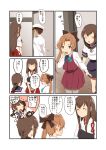  1boy 3girls ^_^ admiral_(kantai_collection) akagi_(kantai_collection) akigumo_(kantai_collection) black_ribbon blue_skirt braid brown_hair closed_eyes comic hair_ribbon hasegawa_keita hat highres isonami_(kantai_collection) japanese_clothes kantai_collection long_hair military military_uniform multiple_girls muneate neckerchief peaked_cap pleated_skirt red_skirt ribbon school_uniform serafuku short_hair single_braid skirt translation_request uniform 