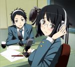  1boy 1girl black_hair blush bob_cut durarara!! glasses headphones microphone nyoronyoro ryuugamine_mikado school_uniform short_hair sonohara_anri 