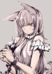  1girl animal_ears chain cuffs fox_ears fox_tail grey_background grey_hair hair_over_one_eye headwear highres long_hair original red_eyes shackles simple_background sleeveless solo tail tears touma_kisa 