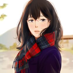  1girl black_hair glasses haikyuu!! long_hair looking_at_viewer ma2 scarf shimizu_kiyoko solo 