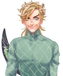  1boy bandage_on_face blonde_hair diego_brando fangs jojo_no_kimyou_na_bouken ksoyaji scary_monster_(stand) solo stand_(jojo) steel_ball_run sweater tail 