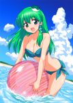  1girl alternate_costume ball bare_shoulders beach beachball bikini blush breasts cleavage clouds frog_hair_ornament green_eyes green_hair hair_ornament kochiya_sanae large_breasts long_hair looking_at_viewer marugoshi_(54burger) navel open_mouth side-tie_bikini sky smile snake_hair_ornament solo swimsuit touhou water 