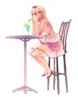  1girl bare_shoulders blonde_hair chair chin_rest crazy_straw dress drinking drinking_straw food fruit full_body hair_ornament hair_ribbon hairclip head_on_hand high_heels highres kantai_collection lemon lemon_slice long_hair red_eyes ribbon sitting solo sundress table waiting white_background yuudachi_(kantai_collection) zik_(zelco) 