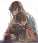  2boys black_hair blue_eyes closed_eyes horikawa_kunihiro hug izumi-no-kami_kanesada japanese_clothes male_focus multiple_boys ot-nm partially_submerged touken_ranbu water wet 