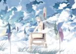  1girl chair clouds dress grass hatsune_miku highres landscape long_hair sitting solo throtem vocaloid windmill 