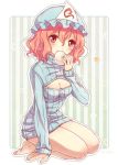  1girl artist_name bare_legs barefoot blue_hat bottomless eating food food_request full_body hat lilith_(lilithchan) long_sleeves mob_cap open-chest_sweater pink_hair red_eyes saigyouji_yuyuko seiza short_hair sitting solo star sweater touhou triangular_headpiece vertical-striped_background vertical_stripes 