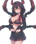  1girl bikini black_hair blush breasts g.t gradient_hair hoodie huge_breasts insect_girl long_hair multicolored_hair open_mouth red_eyes redhead simple_background skirt solo spider_girl spider_legs spider_web_print swimsuit unzipped white_background zipper 
