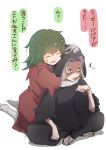  1boy 1girl ^_^ artist_request bandages chibi closed_eyes eto_(tokyo_ghoul) green_hair hands_on_another&#039;s_head head_on_head hood kneeling long_hair open_mouth silver_hair simple_background sitting smile spoilers takizawa_seidou tokyo_ghoul tokyo_ghoul:re translation_request white_background 
