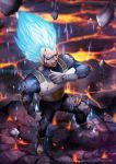  1boy armor blood blood_from_mouth blue_eyes blue_hair dragon_ball dragon_ball_z energy floating_rock full_body gloves long_hair magion02 male_focus molten_rock muscle signature smile solo spiky_hair super_saiyan super_saiyan_god torn_clothes vegeta veins watermark web_address 