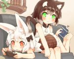  2girls :3 animal_ears barefoot blush book bookmark bookshelf bow brown_hair cat_ears cat_tail couch crr_w9kd dress green_eyes hair_bow hair_ribbon lying lying_on_person multiple_girls on_couch on_stomach orange_eyes original parted_lips playing_games playstation_portable ribbon short_hair sitting sleeveless sleeveless_dress smile tail video_game white_hair 