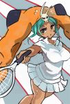  1girl aqua_hair aqua_lipstick black_eyes cerebella_(skullgirls) dark_skin eyeshadow hat holding lipstick makeup oisi open_mouth pleated_skirt racket short_hair skirt skull skullgirls solo sportswear tennis_racket tennis_uniform vice-versa_(skullgirls) white_skirt 