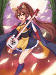  1girl a_(show_by_rock!!) animal_ears brown_eyes brown_hair eruthika fox_ears fox_tail highres instrument japanese_clothes long_hair looking_at_viewer open_mouth ponytail show_by_rock!! solo tagme tail 