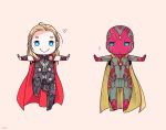  2boys :&gt; :| ? android armor avengers:_age_of_ultron blonde_hair blue_eyes bukimin chibi leg_up marvel multiple_boys outstretched_arms superhero thor_(marvel) vision_(marvel) wrist_cuffs 