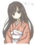  1girl bangs blunt_bangs blush brown_hair dated floral_print ichi_hachi_rei_rei japanese_clothes kimono long_hair looking_at_viewer original red_eyes simple_background sketch smile solo white_background 