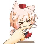  &gt;_&lt; 1girl animal_ears biting blush bridal_gauntlets chibi closed_eyes detached_sleeves fang hat highres holding_finger inubashiri_momiji pom_pom_(clothes) ribbon-trimmed_sleeves ribbon_trim short_hair silver_hair simple_background solo tail tantan021 tokin_hat touhou white_background wolf_ears wolf_tail 