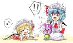  !! 2girls :d ^_^ bat_wings blonde_hair blue_hair bow closed_eyes dress fang flandre_scarlet hat hat_bow highres multiple_girls musical_note open_mouth puffy_short_sleeves puffy_sleeves red_dress remilia_scarlet short_hair short_sleeves smile spoken_musical_note tears touhou wings yamato_(muchuu_paradigm) 