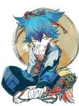  1boy blue_hair eating hat ieiieiiei indian_style japanese_clothes kote male_focus no_socks sandals sayo_samonji sitting solo touken_ranbu white_background 