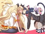  4girls :3 animal_ears black_hair black_legwear blonde_hair blush bow cat_ears cat_tail cellphone chuchu_(show_by_rock!!) closed_eyes curly_hair cyan_(show_by_rock!!) dog_tail glasses hair_bow horns incipient_kiss long_hair looking_at_another moa_(show_by_rock!!) multiple_girls necktie phone pink_hair purple_hair rabbit_ears retoree sheep_horns show_by_rock!! simple_background smile striped striped_legwear tail taking_picture thigh-highs twintails very_long_hair white_background yellow_eyes yuri zettai_ryouiki 