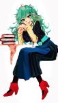  1girl artist_request book chair desk eto_(tokyo_ghoul) green_eyes green_hair hands_together high_heels long_hair long_skirt long_sleeves open_mouth pen pen_behind_ear red_shoes shoes simple_background sitting skirt smile solo tokyo_ghoul white_background 