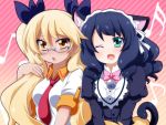  2girls ;d animal_ears bell black_hair blonde_hair blush cat_ears cat_tail curly_hair cyan_(show_by_rock!!) dog_tail fang glasses green_eyes hair_ribbon hairband highres long_hair looking_at_another looking_at_viewer multiple_girls necktie oborotsuki_kakeru one_eye_closed open_mouth retoree ribbon short_hair show_by_rock!! simple_background smile striped striped_background tail twintails very_long_hair yellow_eyes 