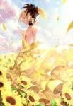  1girl ayase_eli blonde_hair blue_eyes dress earrings elbow_gloves flower gloves hair_ornament highres jewelry long_hair love_live!_school_idol_project ponytail smile solo sunflower yellow_dress yellow_gloves yomi_yasou 