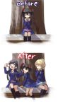  3girls ^_^ anger_vein ayase_eli before_and_after black_hair black_legwear blazer blonde_hair blue_eyes bow closed_eyes commentary_request eating hair_bow lonely love_live!_school_idol_project multiple_girls obentou pout purple_hair red_eyes school_uniform scrunchie shikei_(jigglypuff) sitting skirt thigh-highs toujou_nozomi tree twintails yazawa_nico 