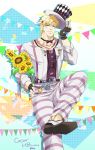  1boy blonde_hair caesar_anthonio_zeppeli facial_mark feathers fingerless_gloves flower gloves green_eyes hair_feathers hat highres jojo_no_kimyou_na_bouken pants ribbon saoyou solo striped striped_pants sunflower top_hat 