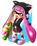  1girl 2015 :d animal_hat artist_name blooper blush cat_hat clothes_writing copyright_name dated hat holding hoodie inkling long_hair mask open_mouth pink_eyes pink_hair pink_skirt pointing pointing_up shirt shoes skirt smile sneakers socks solo splatoon standing super_mario_bros. super_soaker tanukino tentacle_hair very_long_hair 