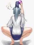  1girl ? ass ayakumo back ball bare_legs barefoot commentary_request hat hat_ribbon highres long_sleeves mononobe_no_futo occult_ball ponytail ribbon shirt silver_hair skirt soles solo squatting touhou urban_legend_in_limbo wide_sleeves 