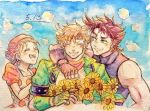  1girl 2boys aniani_(higurasihitosuzi) blonde_hair bubble caesar_anthonio_zeppeli dated flower jojo_no_kimyou_na_bouken joseph_joestar_(young) multiple_boys purple_hair sunflower suzi_quatro traditional_media watercolor_(medium) 